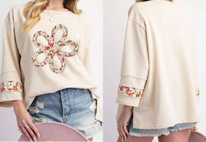 Beige Flower Patch Graphic Exposed Seam Wide Sleeve Top Presale