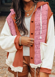 Coral Quilted Textured Patchwork Loose Fit Hooded Jacket Presale