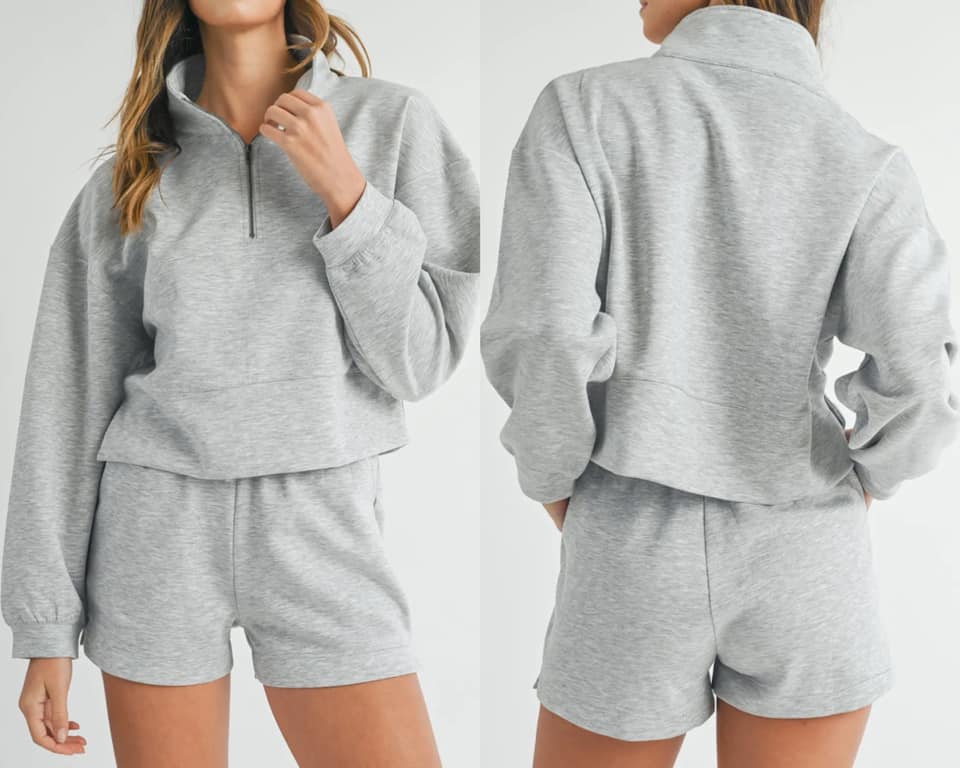 Light Grey Stand Neck Zipped Sweatshirt and Shorts Set Presale