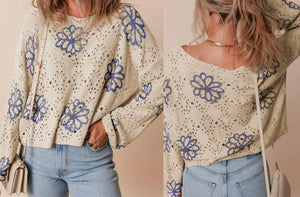 Beige Contrast Flower Print Eyelet Drop Shoulder Sweater Presale