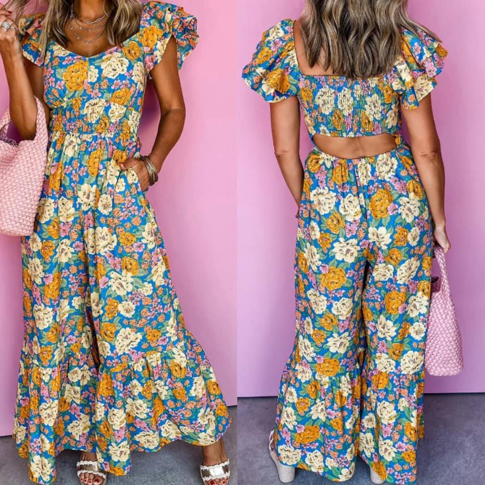Yellow Floral Shirred Cut Out High Waist Jumpsuit Presale