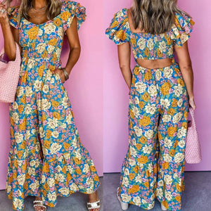 Yellow Floral Shirred Cut Out High Waist Jumpsuit Presale