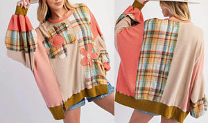 Multicolor Waffle Knit Plaid Patchwork Side Slits Loose Sweatshirt Presale