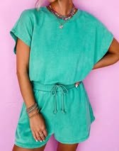 Mineral Wash Drawstring Waist Hollow Out Back Short Sleeve Romper PRESALE