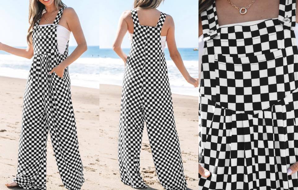 Black Checkered Print Pocketed Wide Leg Jumpsuit PRESALE