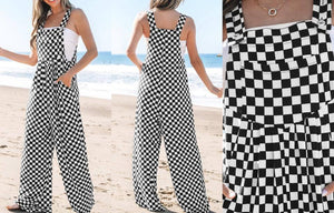 Black Checkered Print Pocketed Wide Leg Jumpsuit PRESALE