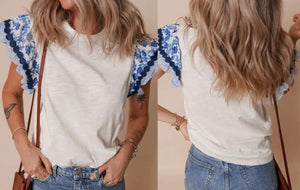 Blue Ricrac Trim Printed Flutter Sleeve Contrast Patchwork Blouse PRESALE
