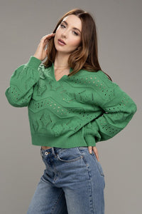 Green Hole Knit Collared Sweater