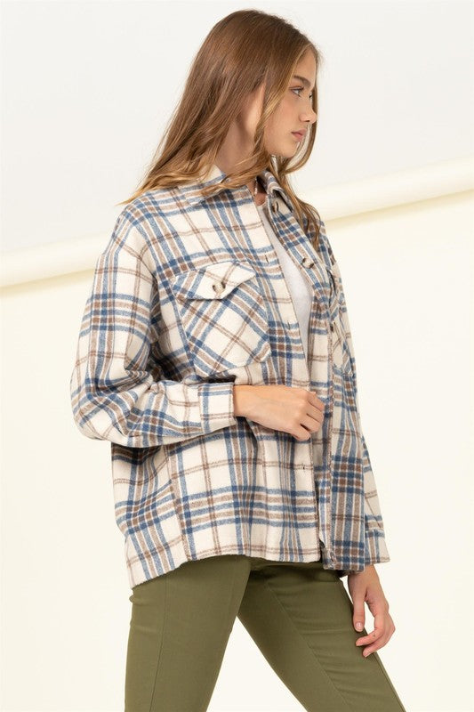 For Myself Checkered Print Button-Front Top - BLUE & BROWN