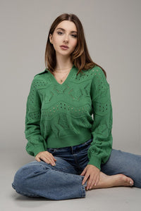 Green Hole Knit Collared Sweater