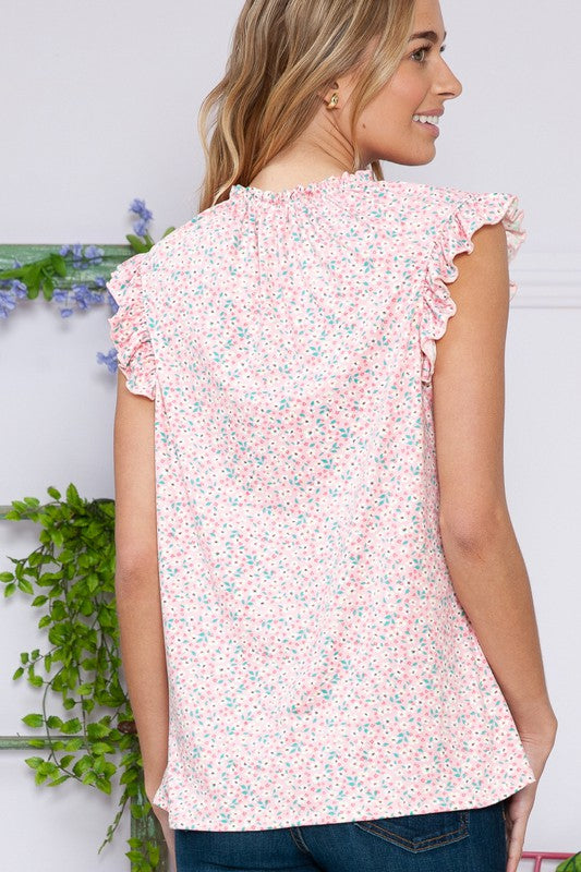 Plus Floral Sleeveless Ruffle Pleated Top