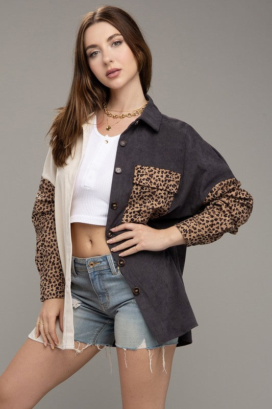 Color Block Leopard Corduroy Shacket