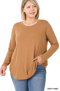 Plus Long Sleeve Round Neck Round Hem Top