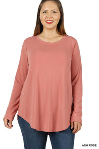 Plus Long Sleeve Round Neck Round Hem Top