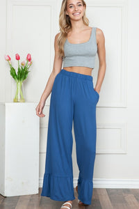 Plus Solid Elastic Waist Ruffled Hem Pants