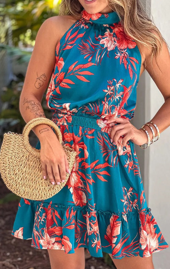 Blue Floral Ruffle Mock Neck Presale