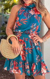 Blue Floral Ruffle Mock Neck Presale