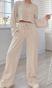 Khaki Ribbed Knit Bell Sleeve Crop Top Drawstring Pants Set Presale