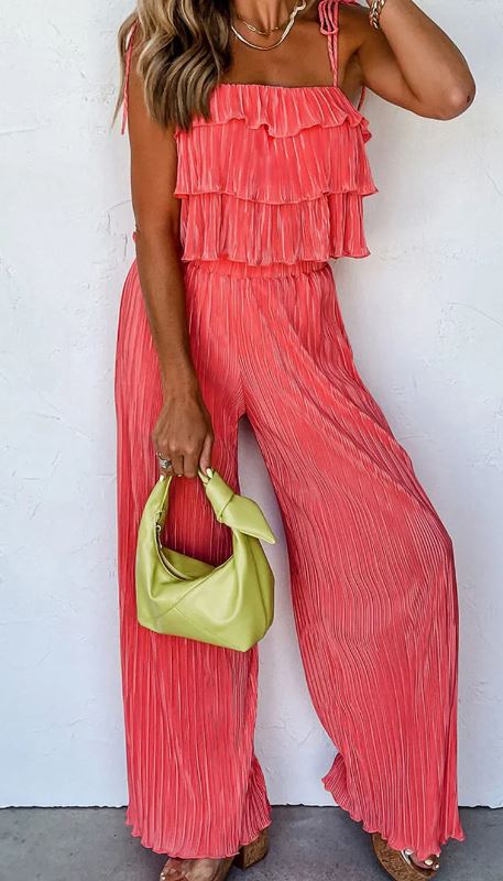 Ruffle Tiered Cami Pleated Wide Leg Pants Set Presale