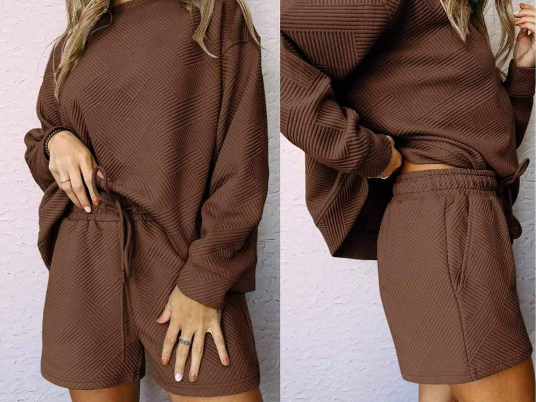 Mocha Textured Long Sleeve Two Piece Set Presale