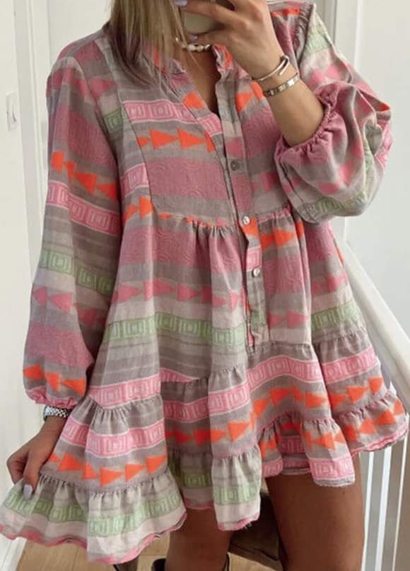 Multi Color Puff Sleeve Boho Dress Presale