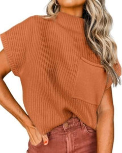Camel Patch Pocket Ribbed Knit Short Sleeve Sweater Presale