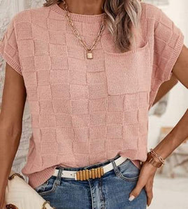 Dusty Pink Lattice Textured Knit Short Sleeve Sweater Presale