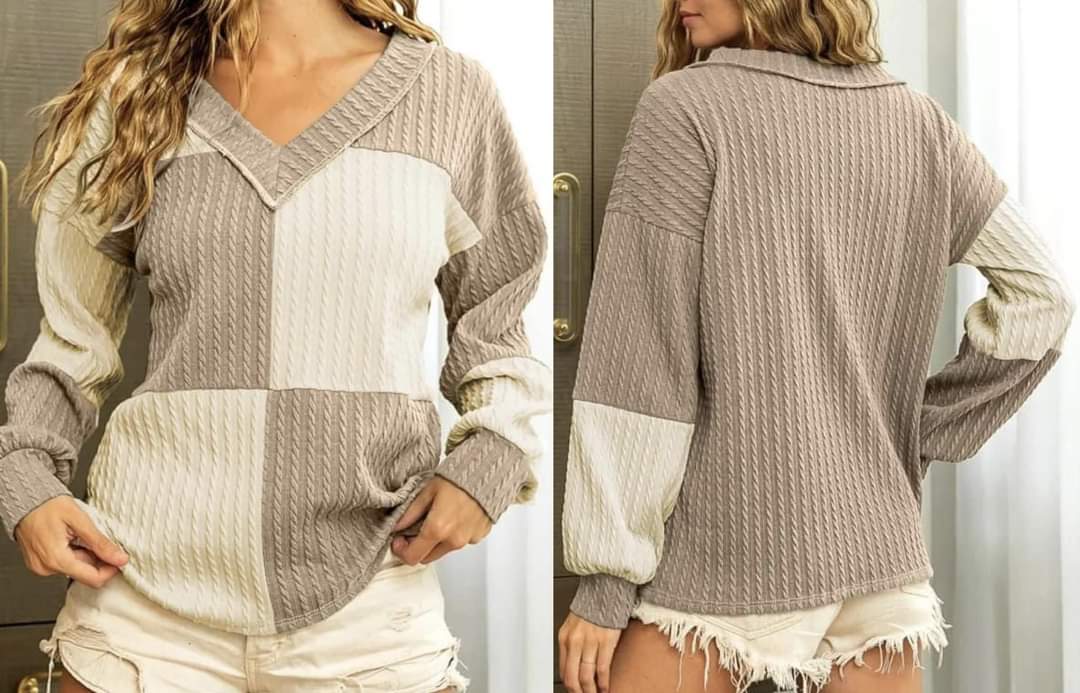 Smoke Gray Textured Colorblock Long Sleeve V Neck Top Presale