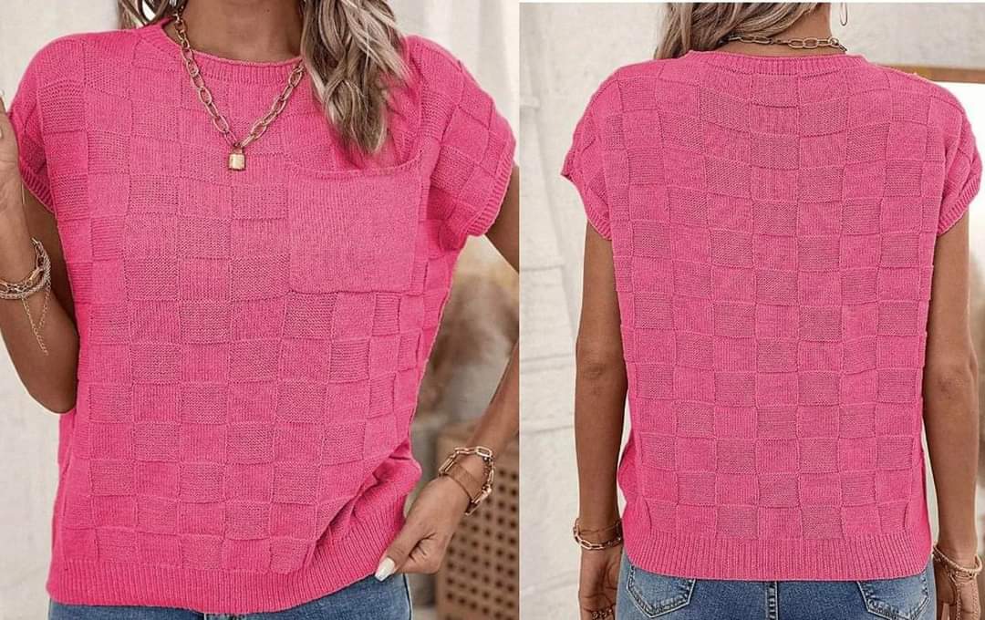 Pink Lattice Textured Knit Short Sleeve Sweater Presale