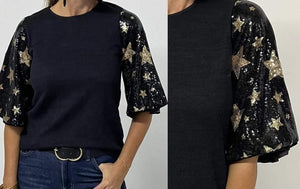 Black Star Sequin Splicing Half Sleeve Top Presale