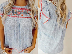 Blue Boho Embroidered Floral Print Flutter Sleeve Blouse Presale