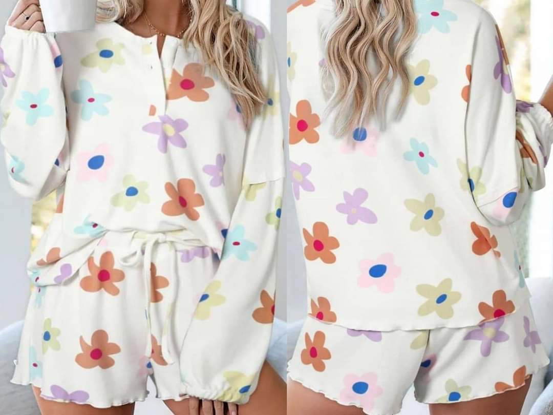 Floral Long Sleeve Henley Top and Drawstring Shorts Set Presale