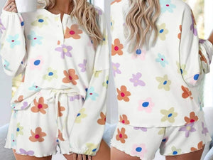 Floral Long Sleeve Henley Top and Drawstring Shorts Set Presale