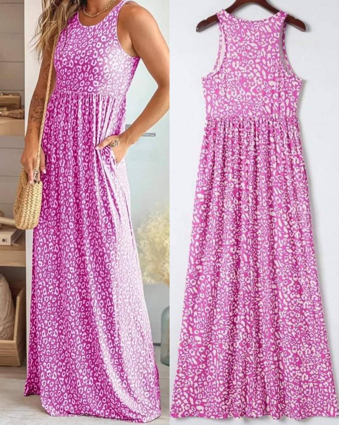 Leopard Print Pocketed Sleeveless Maxi Dress Presale