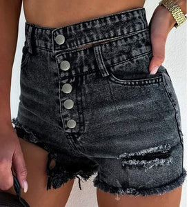 Black High Waist Multi Buttons Raw Edge Denim Shorts Presale