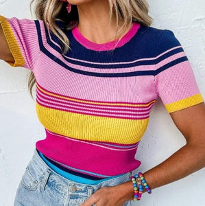 Pink Mixed Stripes Ribbed Knit Top Presale