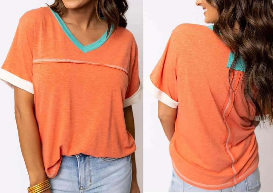 Orange Contrast Trim Exposed Seam V Neck T-shirt Presale