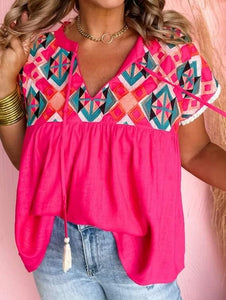 Pink Geometric Embroidered Tassel Tie V Neck Blouse Presale