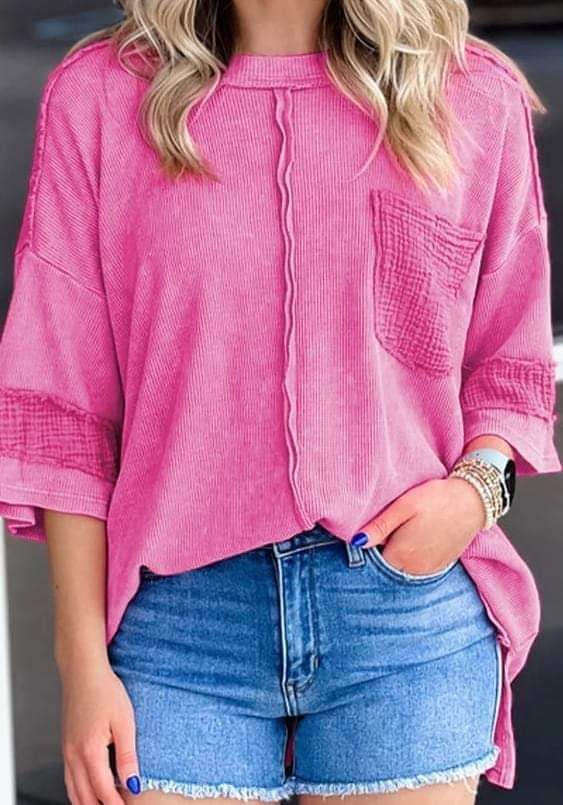 Pink Oversized Mineral Wash Textured Bracelet Sleeve Top Presale