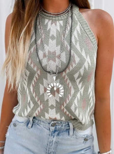 Green Western Tribal Aztec Pattern Knit Sweater Tank Presale