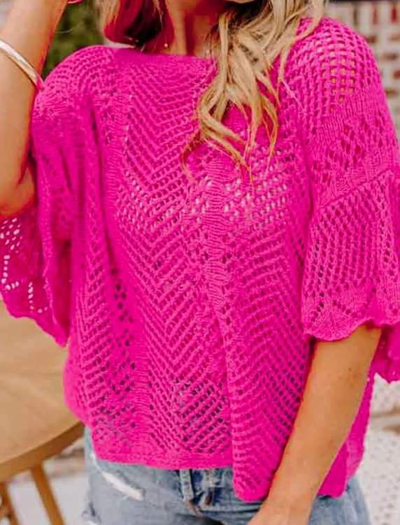 Pink Pointelle Knit Scallop Edge Short Sleeve Top Presale