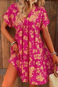 Rose Floral Print Batwing Sleeve Smock Dress Presale