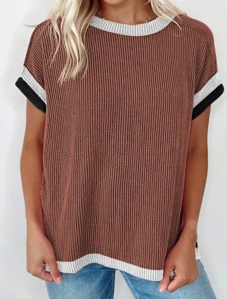 Coffee Textured Contrast Trim Round Neck T Shirt Presale