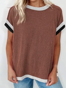 Coffee Textured Contrast Trim Round Neck T Shirt Presale