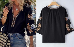 Black Bohemian Floral Embroidered V Neck Blouse Presale