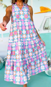 Floral Print Frilly Neck Sleeveless Tiered Maxi Dress Presale