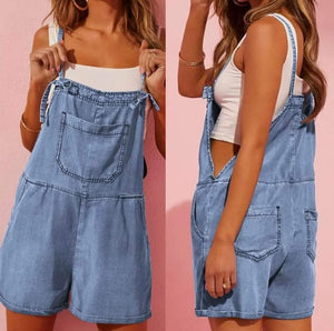 Blue Grommet Tie Straps Casual Denim Romper Presale