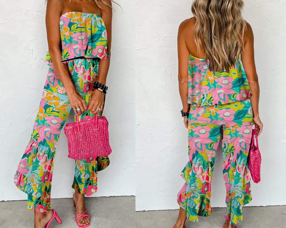 Green Mix Tropical Print Strapless Ruffled Jumpsuit Presale