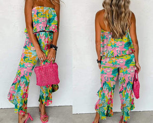 Green Mix Tropical Print Strapless Ruffled Jumpsuit Presale