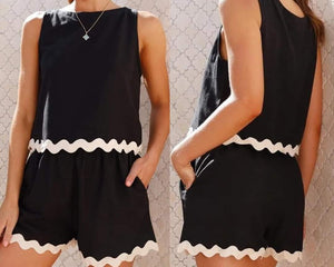 Black Trim Tank Top Elastic Waist Shorts Set Presale